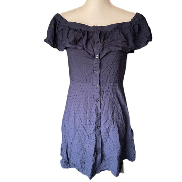 URBAN Outfitters button down ruffle swiss dot boho off the shoulder mini dress - Picture 2 of 13